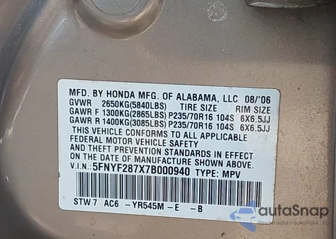2007 Honda Pilot Ex-L z USA, uszkodzony, nr VIN 5FNYF287X7B000940